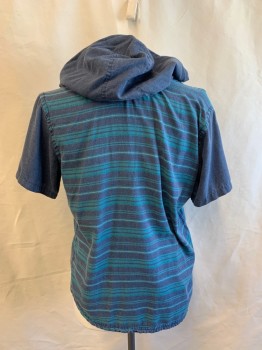 Mens, Casual Shirt, HURLEY, Blue-Gray, Teal Blue, Lt Gray, Cotton, Polyester, Stripes, L, Half Button Placket, 2 Pocket, Short Sleeves, Hood Attached