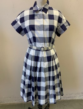 Womens, Dress, Short Sleeve, ELIZA J, White, Navy Blue, Cotton, Spandex, Gingham, Sz.4, Large Gingham Print, Short Sleeves, Shirtwaist, Collar Attached, Retro Style, A-Line Skirt with Box Pleats, Knee Length, **With Matching Structured Fabric Belt