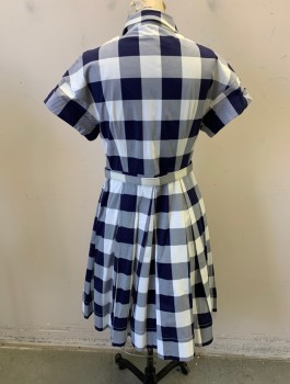 Womens, Dress, Short Sleeve, ELIZA J, White, Navy Blue, Cotton, Spandex, Gingham, Sz.4, Large Gingham Print, Short Sleeves, Shirtwaist, Collar Attached, Retro Style, A-Line Skirt with Box Pleats, Knee Length, **With Matching Structured Fabric Belt