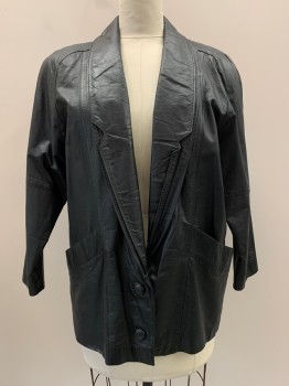 Womens, Leather Jacket, ZOOM, Black, Leather, Solid, M, L/S, 2 Buttons, Single Breasted, Double Shawl Collar, Notched Lapel, Top Pockets, Shoulder Pads