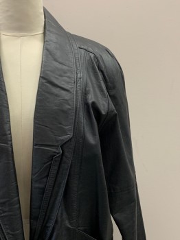 Womens, Leather Jacket, ZOOM, Black, Leather, Solid, M, L/S, 2 Buttons, Single Breasted, Double Shawl Collar, Notched Lapel, Top Pockets, Shoulder Pads