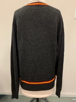 Childrens, Sweater, NO LABEL, Charcoal Gray, Red, Yellow, Acrylic, Stripes, C34, L/S, V neck,