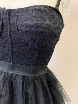 FOREVER 21, Black, Polyamide, Polyester, Solid, Floral Lace Top, Padded Faux Underwire Bra, Adjustable and Detachable Straps, Back Zip, 1.5" Elastic Waistband, Tulle Tiered Ruffle Skirt, Hem Above Knee