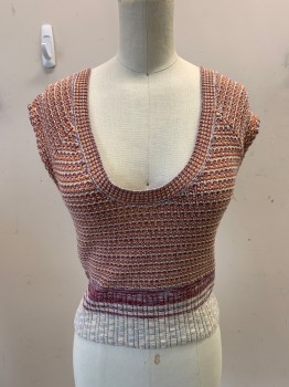 Womens, Sweater Vest, FREE PEOPLE, Maroon Red, Burnt Orange, Multi-color, Cotton, Nylon, Stripes, XS, Deep Scoop Neck, Multi Knit Types