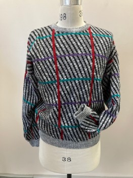 Mens, Sweater, JED, Black, White, Red, Teal Blue, Purple, Acrylic, Wool, Stripes, Grid , C:44, M, W:30, Colorful Grid Over Black And Grey Stripes, Pull On, CN, L/S, Rib Knit Collar/cuff/Waistband,