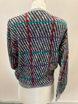 Mens, Sweater, JED, Black, White, Red, Teal Blue, Purple, Acrylic, Wool, Stripes, Grid , C:44, M, W:30, Colorful Grid Over Black And Grey Stripes, Pull On, CN, L/S, Rib Knit Collar/cuff/Waistband,