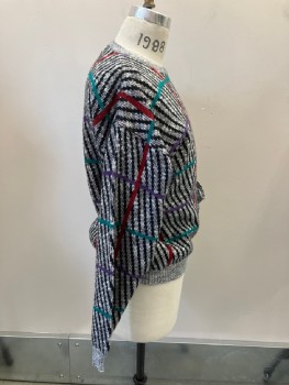 JED, Black, White, Red, Teal Blue, Purple, Acrylic, Wool, Stripes, Grid , Colorful Grid Over Black And Grey Stripes, Pull On, CN, L/S, Rib Knit Collar/cuff/Waistband,