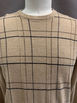 Mens, Pullover Sweater, DOCKERS, Beige, Black, Brown, Acrylic, Grid , L, L/S, Crew Neck,
