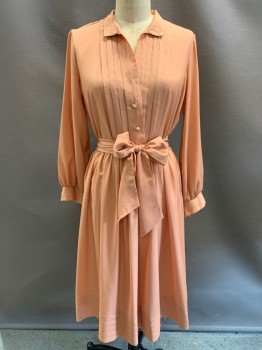 FRANCES HENAGHAN, Lt Orange, Polyester, Solid, L/S, B.F., Collar Attached, Pleated, With Waist Belt