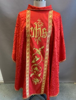Unisex, Chasuble, NL, Red, Gold, Cotton, Textured Fabric, OS, Red Religious Garment, Gold Accents, Textured Ornate Pattern, One Size Pullover, Sleeveless