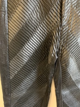 N/L, Black, Poly Vinyl Cloride, Synthetic, Stripes - Diagonal , Geometric, Zip Front, Geometric Stretch Waistband/ Inner/ Outer Leg Panels, PVC Diagonally Pleated Fabric