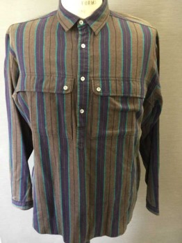 GIORGIO ARMANI, Brown, Aubergine Purple, Teal Blue, Black, Cotton, Stripes - Vertical , Long Sleeves, 4 Button Placket At Front, Collar Attached,  2 Pockets, Pullover,