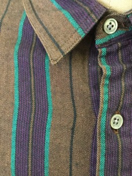 Mens, Casual Shirt, GIORGIO ARMANI, Brown, Aubergine Purple, Teal Blue, Black, Cotton, Stripes - Vertical , L, Long Sleeves, 4 Button Placket At Front, Collar Attached,  2 Pockets, Pullover,