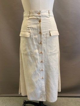 Womens, Skirt, Long, GLOW, Lt Beige, Polyester, Linen, Solid, Heathered, W27, Button Front, 2 Pockets, Belt Loops,
