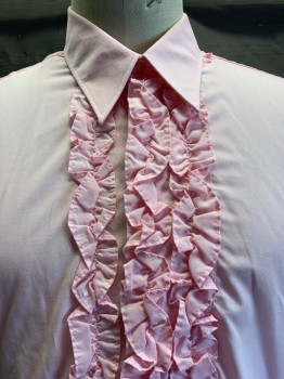 Mens, Formal Shirt, Tabi's Character, Pink, Cotton, Polyester, Solid, 2XL, L/S, Button Front, C.A., Ruffled Chest and Cuff Trim,