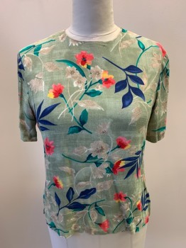 Womens, Blouse, JACLYN SMITH, Lt Green, Multi-color, Rayon, Tropical , S, S/S, Round Neck, Button Back With Eyelet