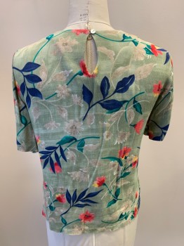 Womens, Blouse, JACLYN SMITH, Lt Green, Multi-color, Rayon, Tropical , S, S/S, Round Neck, Button Back With Eyelet