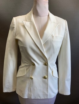 DEREK LAM, White, Cotton, Elastane, Solid, Stretch Twill, Double Breasted, Peaked Lapel, Gold Embossed Metal Buttons, 3 Pockets