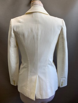 DEREK LAM, White, Cotton, Elastane, Solid, Stretch Twill, Double Breasted, Peaked Lapel, Gold Embossed Metal Buttons, 3 Pockets