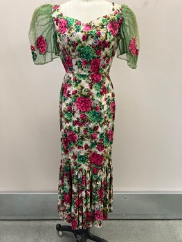 Womens, Evening Gown, N/L, Multi-color, Cotton, Floral, W24, B32, Sweet Heart Neck Line, Puff  Green Crinoline Slvs With Patched  Floral Detail , CB Zipper, Gathered  Hem.