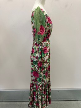 Womens, Evening Gown, N/L, Multi-color, Cotton, Floral, W24, B32, Sweet Heart Neck Line, Puff  Green Crinoline Slvs With Patched  Floral Detail , CB Zipper, Gathered  Hem.