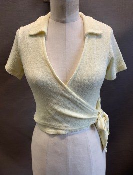N/L, Butter Yellow, Polyester, Solid, Textured Stretch Fabric, S/S, Wrap Closure With Self Ties, V-Neck With Collar, Cropped Length
