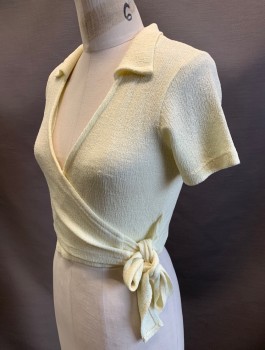 N/L, Butter Yellow, Polyester, Solid, Textured Stretch Fabric, S/S, Wrap Closure With Self Ties, V-Neck With Collar, Cropped Length