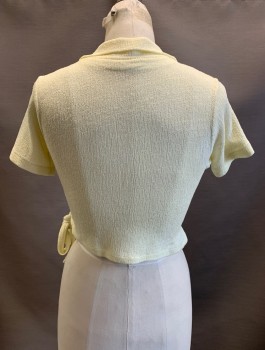 Womens, Top, N/L, Butter Yellow, Polyester, Solid, B<34, S, Textured Stretch Fabric, S/S, Wrap Closure With Self Ties, V-Neck With Collar, Cropped Length