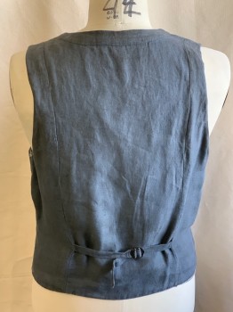 NL, Gray, Linen, Solid, Button Front, 3 Pockets, Back Self Belt, Aged, Top Stitch Along Front