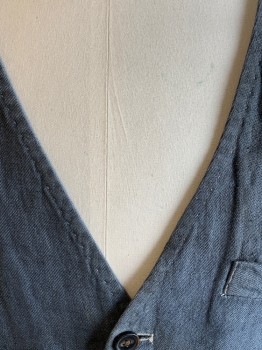 Mens, Historical Fiction Vest, NL, Gray, Linen, Solid, 46, Button Front, 3 Pockets, Back Self Belt, Aged, Top Stitch Along Front