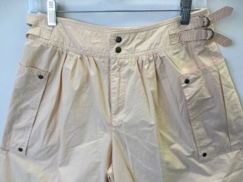 Womens, Shorts, N/L, Peach Orange, Cotton, Polyester, Solid, W 26, Peach Capri, Flair Bottom, 2" Waist Band with 2  D-ring Adjustable Straps on Each Side & 2 Snap Front, 2 Large Patch Pockets W/4 Studs, Zip Front,