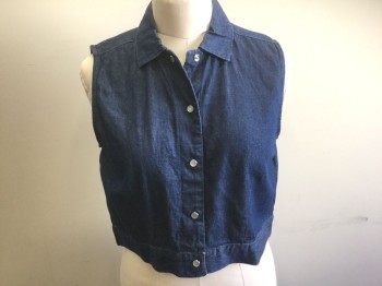 CHELSEA, Denim Blue, Cotton, Solid, Chambray, Sleeveless, Smoke Gray Snap Front, Collar Attached, Cropped Length