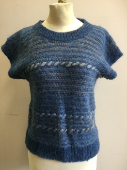N/L, Blue, Gray, Acrylic, Wool, Stripes, Heathered, Gray and Lt Blue Large Whip-Stitch, Cap Sleeve, Ribbed Knit Collar/Cuff/Waistband,