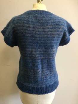 Womens, Sweater, N/L, Blue, Gray, Acrylic, Wool, Stripes, Heathered, B 36, Gray and Lt Blue Large Whip-Stitch, Cap Sleeve, Ribbed Knit Collar/Cuff/Waistband,