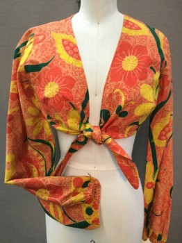 MUCHAS COSAS, Orange, Yellow, Green, Brown, Tan Brown, Cotton, Polyester, Floral, Cropped, V-neck, Self-tie @ Bust Line, Long Sleeves W/elastic Hem