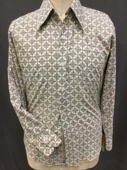 Mens, Dress Shirt, CRANBROOK, Off White, Brown, Lt Blue, Poly/Cotton, Floral, Diamonds, 34, 16 , Collar Attached, Button Front, 2 Pockets, Long Sleeves,