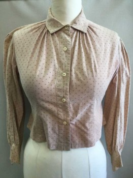 N/L, Beige, Gray, Cotton, Geometric, Pinkish Beige with Gray Tiny Triangles and Double Lines Pattern, Long Sleeve Button Front, Collar Attached, Gathered At Neck Seams, Dusty/Dirty Throughout,