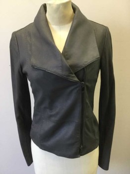 VINCE, Dk Gray, Leather, Cotton, Solid, Zip Front, Wide Lapels, Rib Knit Sides, Top Stitching