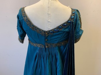 Womens, Historical Fiction Dress, MTO, Teal Blue, Gold, Silk, Solid, B34, Xs, Empire Waist, Metallic Gold Lace Trim, Short Sleeve with Center Slit, Lace is Beaded, Blue Ovals Across the Bust, Train, Cartridge Pleats, Velvet Drape Back Right Side, Regency, Napoleon, Pride & Prejudice, 1811-1820