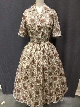 Off White, Tan Brown, Taupe, Dk Brown, Acetate, Floral, Geometric, Short Sleeve,  Button Front, Side Zipper, Gathered Skirt, Collar Attached, Floral And Medallion Print
