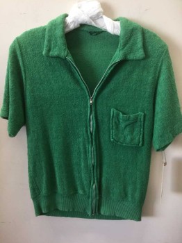 BARCLAY, Kelly Green, Cotton, Polyester, Solid, Zip Front, Collar Attached, Short Sleeves, 1 Pocket, Stretch Terry, Rib Knit Waistband,