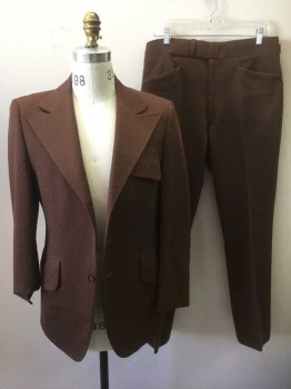 Mens, 1970s Vintage, Suit, Jacket, LE BARON, Brown, Polyester, Geometric, 34/30, 36R, Self Diamond/Waffle Texture, Single Breasted, Peaked Lapel, 3 Buttons, 3 Pockets, Lining is Chartreuse, Brown and Beige Wavy Stripes, Self Belted Detail in Back