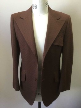 LE BARON, Brown, Polyester, Geometric, Self Diamond/Waffle Texture, Single Breasted, Peaked Lapel, 3 Buttons, 3 Pockets, Lining is Chartreuse, Brown and Beige Wavy Stripes, Self Belted Detail in Back
