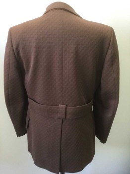 Mens, 1970s Vintage, Suit, Jacket, LE BARON, Brown, Polyester, Geometric, 34/30, 36R, Self Diamond/Waffle Texture, Single Breasted, Peaked Lapel, 3 Buttons, 3 Pockets, Lining is Chartreuse, Brown and Beige Wavy Stripes, Self Belted Detail in Back