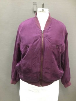 MIRAGE SILKS, Aubergine Purple, Silk, Solid, Zip Front, Ribbed Knit Collar/Cuff/Cuff, 2 Scallopped Button Breast Pockets, 2 Pocket