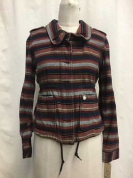 Womens, Casual Jacket, OBEY, Navy Blue, Black, Red, Coral Pink, Gray, Cotton, Stripes, XS, Navy/ Black/ Red/ Coral Pink/ Gray Stripes, Zip & Button Front, Collar Attached, Drawstring Waist, 2 Pockets, Epaulets