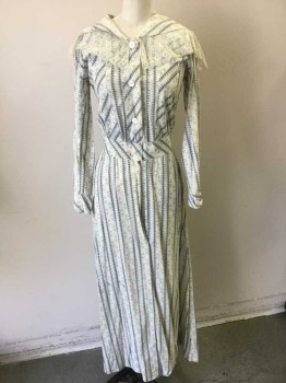 N/L, Lt Gray, Gray, Off White, Cotton, Geometric, Light Gray/White/Gray Gradiated Geometric Stripes, Long Sleeves, Wide Round Collar with White Net/Lace Panel with Scallopped Edge, Button Front, Floor Length Hem, **Has Several Rust/Liquid Stains Near Waist,