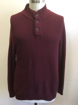 Mens, Pullover Sweater, LANDS END, Maroon Red, Cotton, Nylon, Solid, XL, Bumpy Textured Knit, Ribbed Mock Neck with 3 Buttons Placket at Center Front Neck, Long Sleeves
