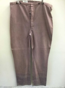 N/L, Dusty Rose Pink, Cotton, Solid, Dusty Brownish Mauve, Cotton Duck/Canvas, Button Fly, Black Suspender Buttons on Outside Waist, No Pockets, Reproduction "Old West" Look  **Discolored/Faded in Spots, Dirt Stains Throughout