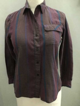 DVF, Red, Purple, Blue, Cotton, Polyester, Stripes - Vertical , Long Sleeve Button Front, 1 Pocket